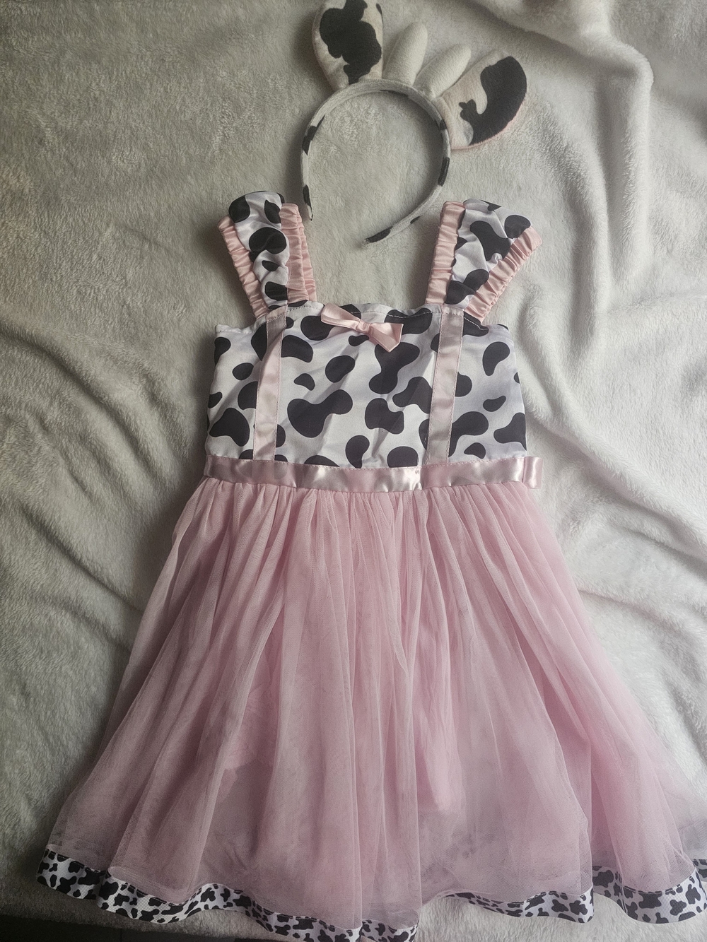 Kids Pink Cow Print Tulle Costume Dress with Headband